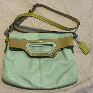 Coach Bonnie Foldover Crossbody Green Patent and Aqua Blue Leather